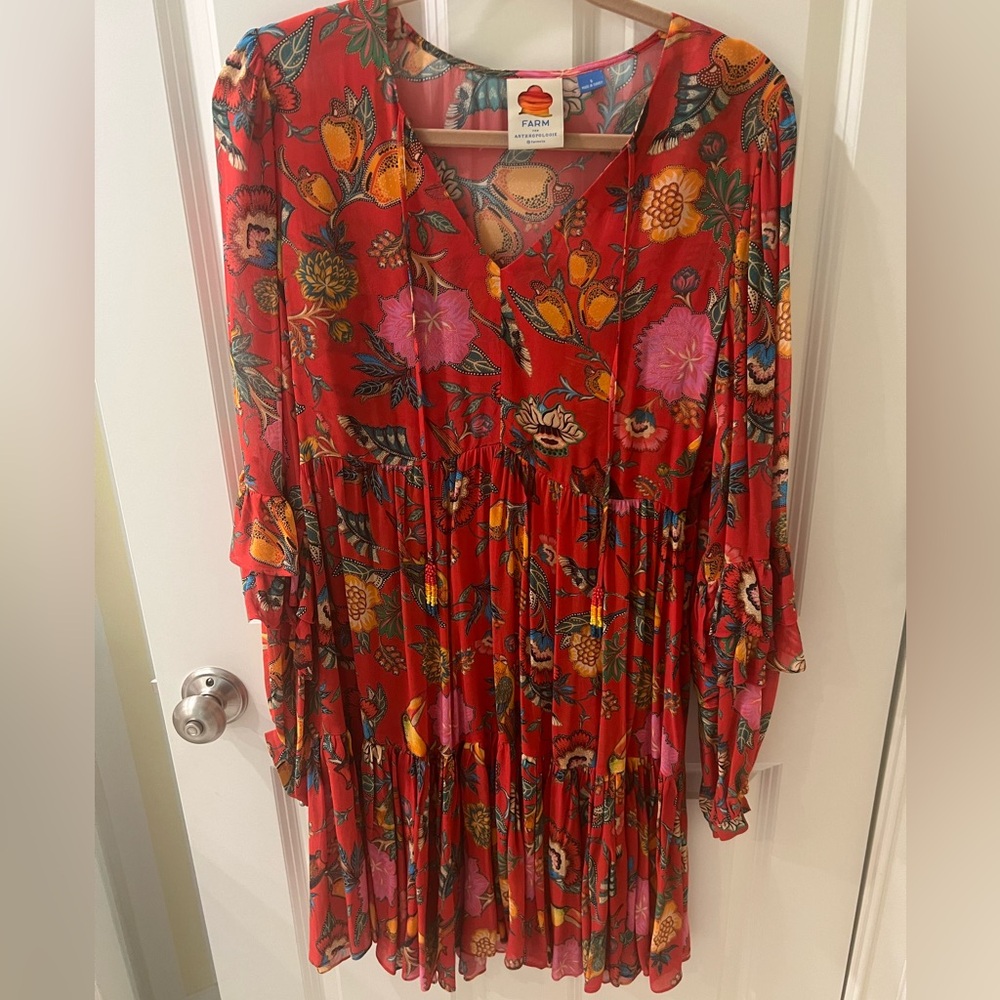 Farm Rio for Anthropologie Red Long Sleeve printed mini dress size small